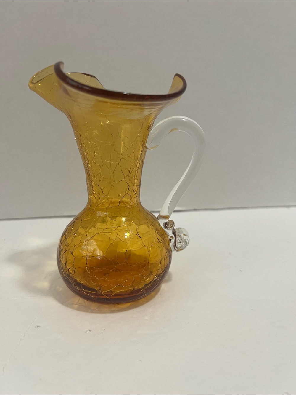Vintage Hand Blown Amber Crackled Vase w/ Clear Handle and Ruffled Top 5" tall